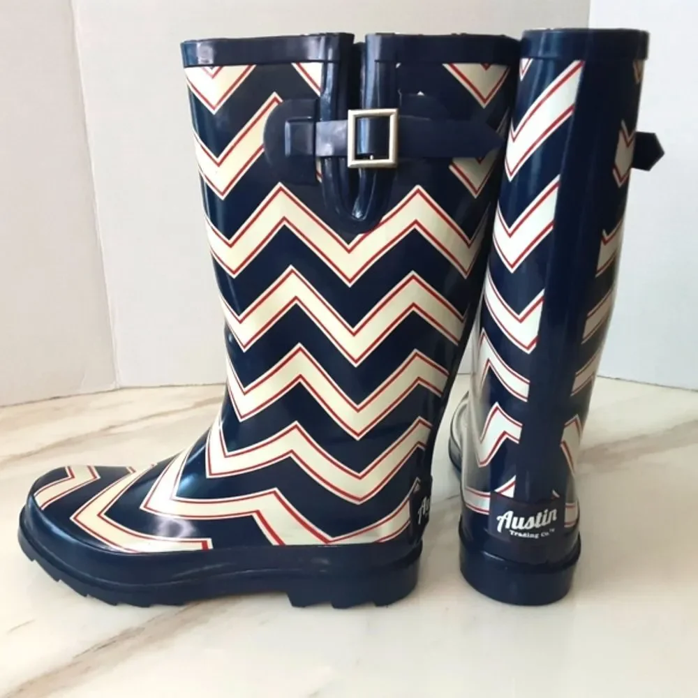 AUSTIN TRADING CO. Chevron Red White Blue Rain Boots Sz. 9